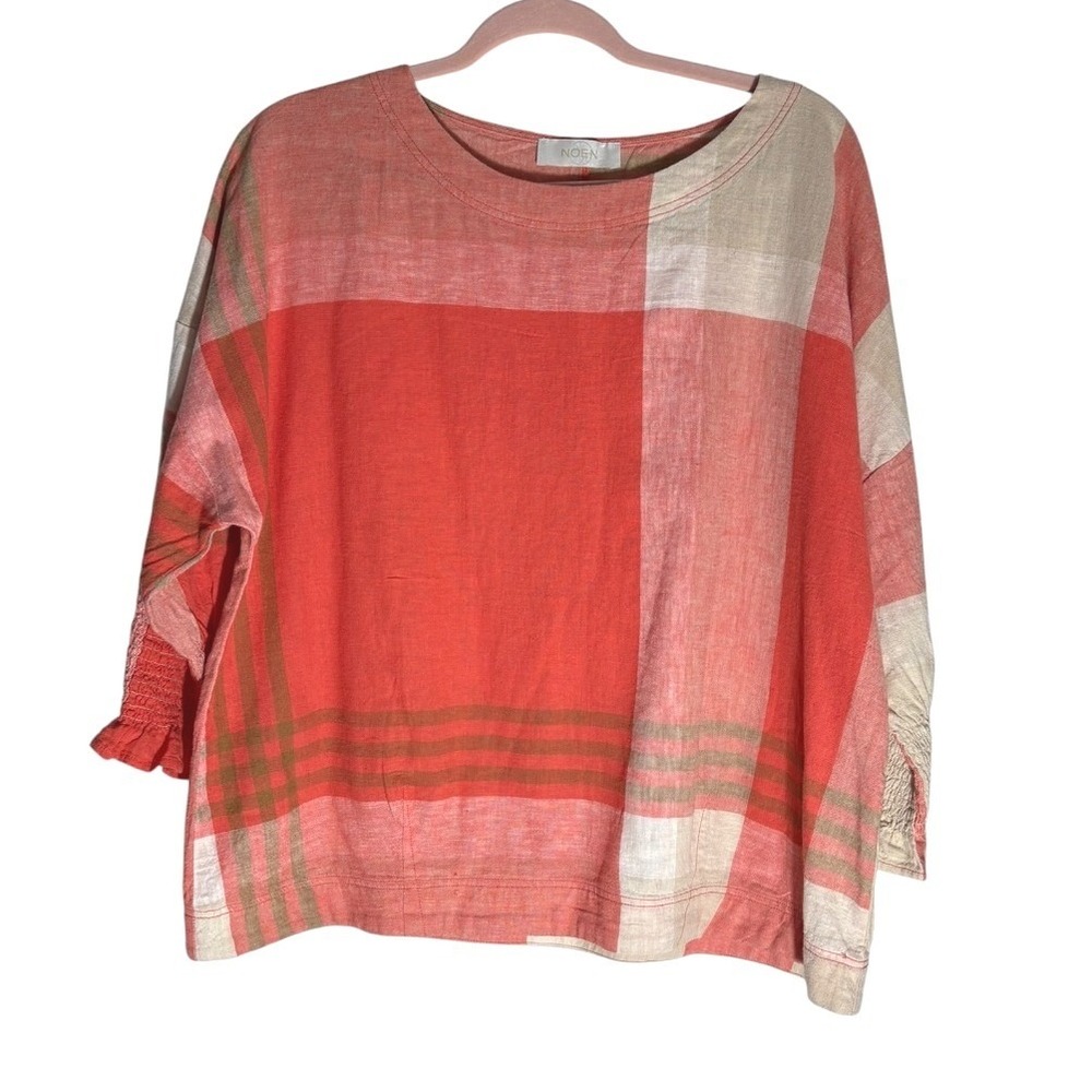 NOEN Linen Cotton Blend Plaid Boxy Blouse Top Smocked Sleeves sz 6 US